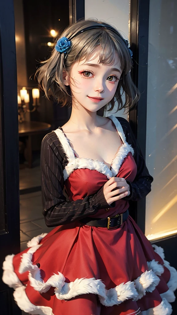 (((solo))), 1 woman, Sakuya Kurobane, sakuyaunif, kurobane_sakuya, brown eyes, short hair, grey hair, black hairband, (blue hair flower), red eyeliner, chest, blush, smile, (upper body), santa claus