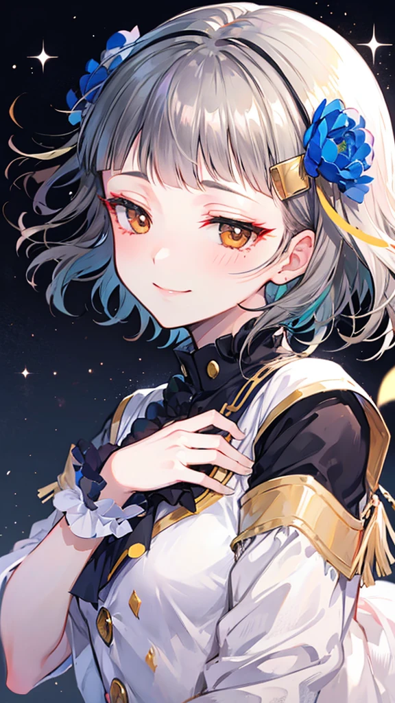 (((solo))), 1 woman, Sakuya Kurobane, sakuyaunif, kurobane_sakuya, brown eyes, short hair, grey hair, black hairband, (blue hair flower), red eyeliner, chest, blush, smile, (upper body), santa claus