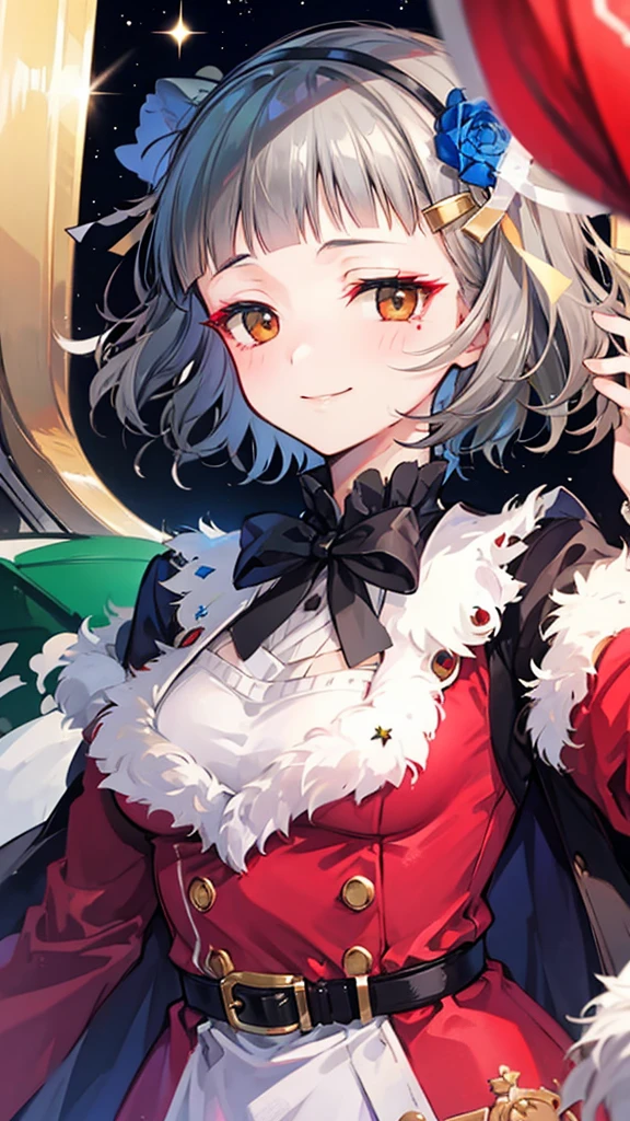 (((solo))), 1 woman, Sakuya Kurobane, sakuyaunif, kurobane_sakuya, brown eyes, short hair, grey hair, black hairband, (blue hair flower), red eyeliner, chest, blush, smile, (upper body), santa claus