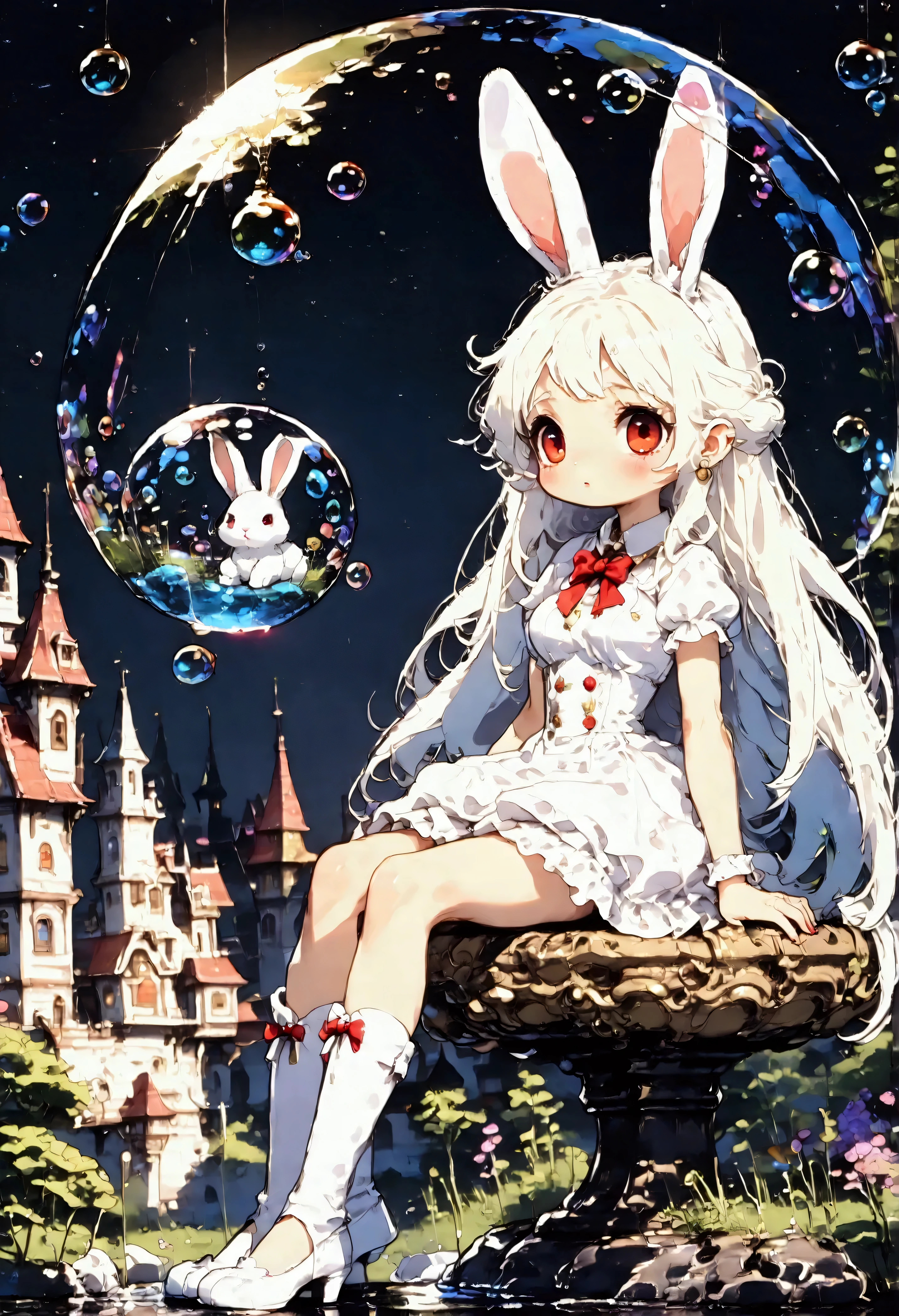 solo,1girl\((chibi:1.3),cute,kawaii,(white hair:1.7),(very long hair:1.7),bangs,(ear\(fluffy white bunny-ear\):1.4),(red eye),big eye,beautiful shiny eye,skin color white,big hairbow,(white frilled dress:1.3),breast,white rabbit tail at hip,sitting on (bubble:1.5)\(huge,gigantic, elasticity,soft,beautiful,shining in vivid cosmic color\)\). BREAK .background\(night sky,stars, calescent-moon\). BREAK .quality\(8k,wallpaper of extremely detailed CG unit, high resolution, top-quality, top-quality real texture skin, hyper realistic, increase the resolution, RAW photos, best quality, highly detailed, the wallpaper, golden ratio, high saturation realism, vibrant colors, dramatic lighting, persuasive storytelling, atmospheric scenery, captivating visuals, intricate details, strong emotions, dreamlike world\),