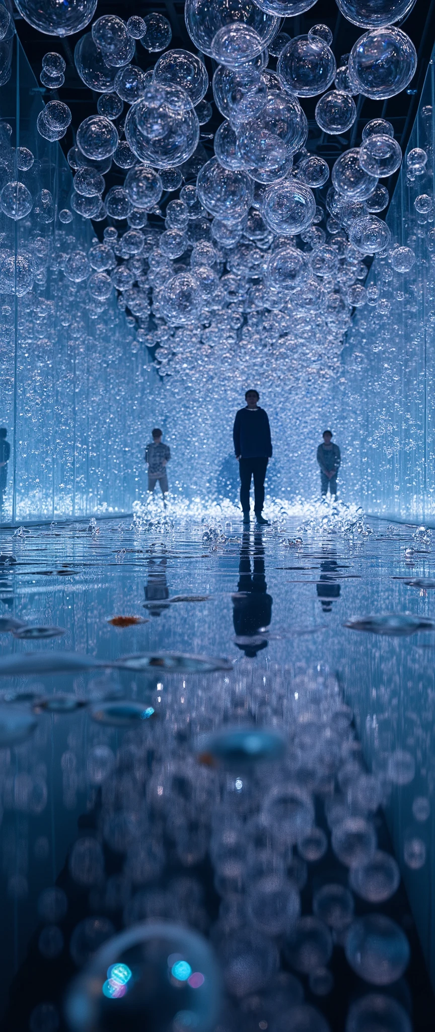 (masterpiece:1.2),( best quality),( super detailed),( photorealistic),( RAW photos ),16k,wallpaper,Magical bubbles,(Mirrored floor:2.0),(Beautiful bubble floating glass wall :2.0),( Beautiful Bubble Mirrored Ceiling:2.0),( A room with a beautiful effect where the magic of bubbles has been cast),(progressive:2.0),(Bubble Installation Art :2.0),(Darken the room and illuminate it up in a fantastic way:2.0)