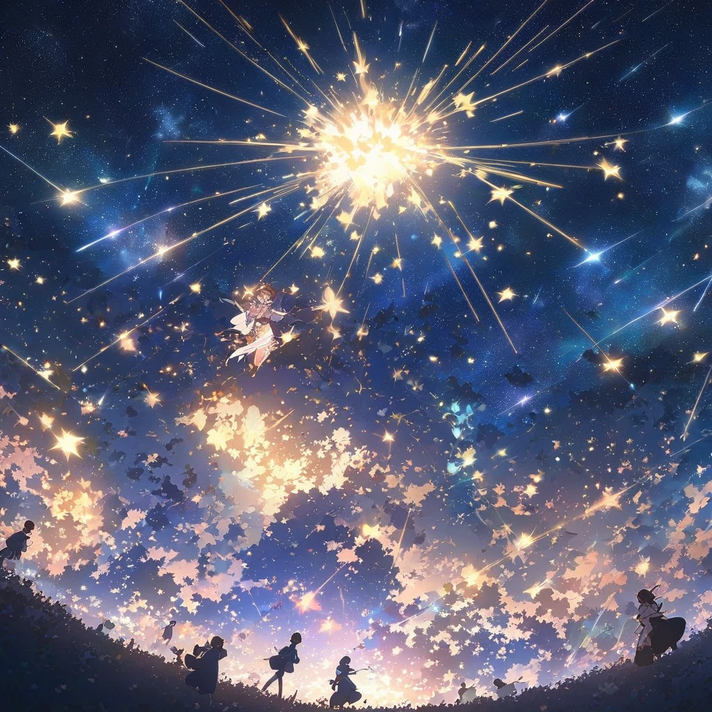 Anime drawings inspired by Makoto Shinkai, A girl throws a star into the dark sky, Shooting stars radiating from the night sky, Stars around the girl々The number of people looking up々Creatures of, Everyone looks up at the night sky with a smile, 4k anime wallpaper,anime art wallpaper, by Cyril Rolando,
