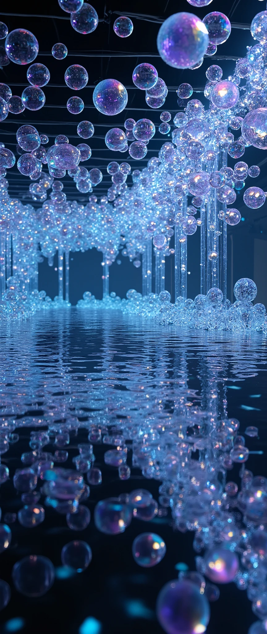 (masterpiece:1.2),( best quality),( super detailed),( photorealistic),( RAW photos ),16k,wallpaper,Magical bubbles,(Mirrored floor:2.0),(Beautiful bubble floating glass wall :2.0),( Beautiful Bubble Mirrored Ceiling:2.0),( A room with a beautiful effect where the magic of bubbles has been cast),(progressive:2.0),(Bubble Installation Art :2.0),(Darken the room and illuminate it up in a fantastic way:2.0)