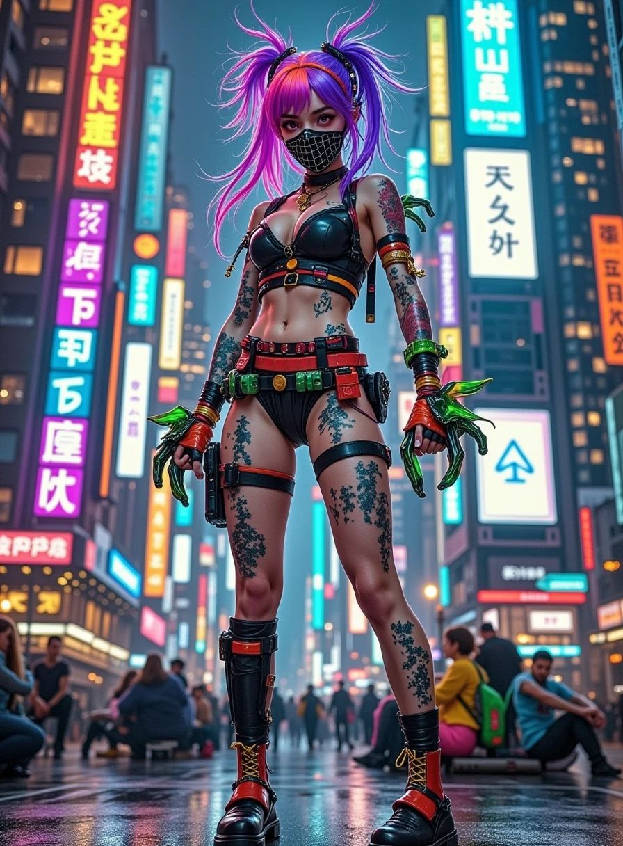 (8k, RAW photo, best quality, masterpiece:1.2), (realistic, photo-realistic:1.4), ultra-detailed,1girl, (fearsome, angry:1.2), (aggressive stance:1.3),deep scars on body, red eyes, very long leg, symmetrical balance,movie still, full body, cyberpunk, cyberhelmet without headband, full of battle gear, meshed wire hair, hiding on the roof, mask on, goggle on, green LED light screen electric device on her wrist, (landing pose), (looking back), City, Sexy, (Vision:1.6), (((Wide Angle))), (Full body shot:1.6)