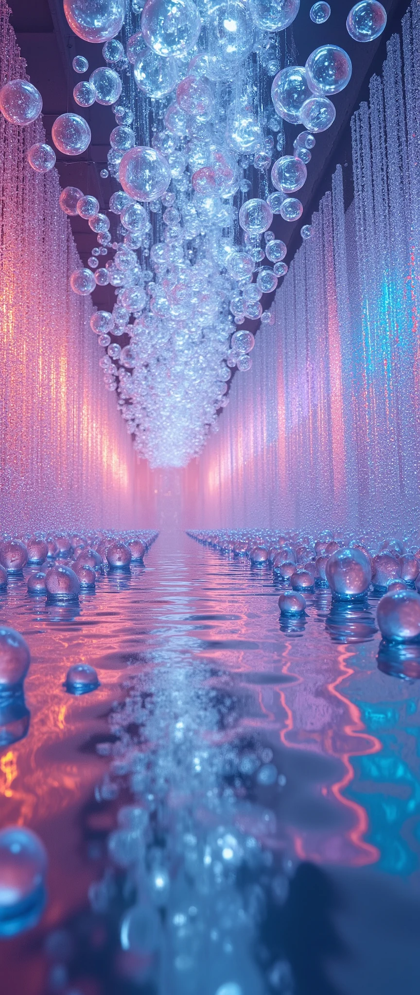 (masterpiece:1.2),( best quality),( super detailed),( photorealistic),( RAW photos ),16k,wallpaper,Magical bubbles,(Mirrored floor:2.0),(Beautiful bubble floating glass wall :2.0),( Beautiful Bubble Mirrored Ceiling:2.0),( A room with a beautiful effect where the magic of bubbles has been cast),(progressive:2.0),(Bubble Installation Art :2.0),(Darken the room and light it up in rainbow colors:2.0)