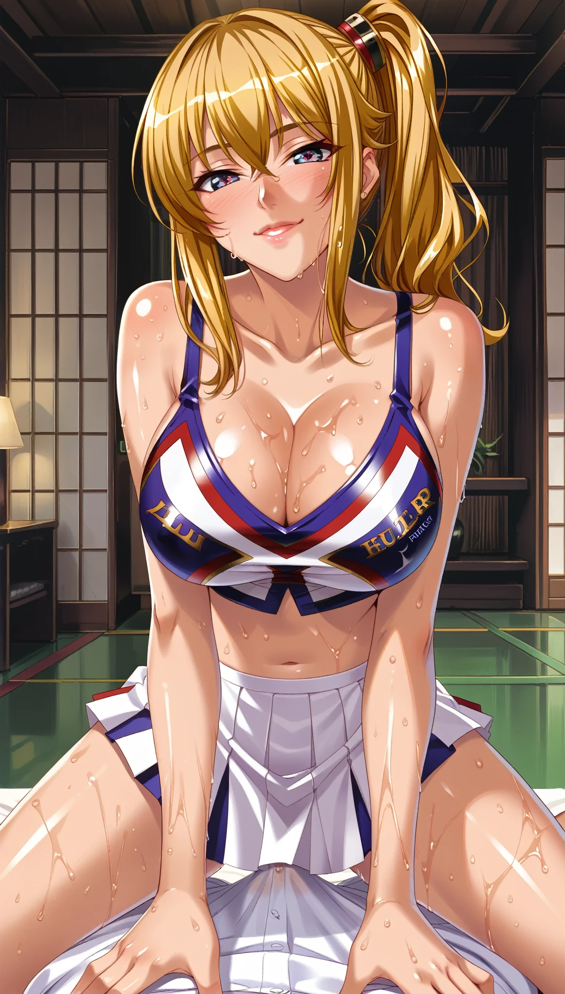 score_9,score_8_up,score_7_up,ultra detailed,absolutely resolution, 32k,masterpiece,best quality,ultra HD quality,detailed beautiful face and eyes,beautiful Japanese house wife,blonde hair,side ponytail,heart-shaped eyes,imminent kiss,Smile,Steam,sweaty skin and hair,wet crotch,cheerleader,cleavage,outstretched arms,large breasts,covered penis,leaning forward,cowgirl position,Focus on face,from pov,looking at viewer,room