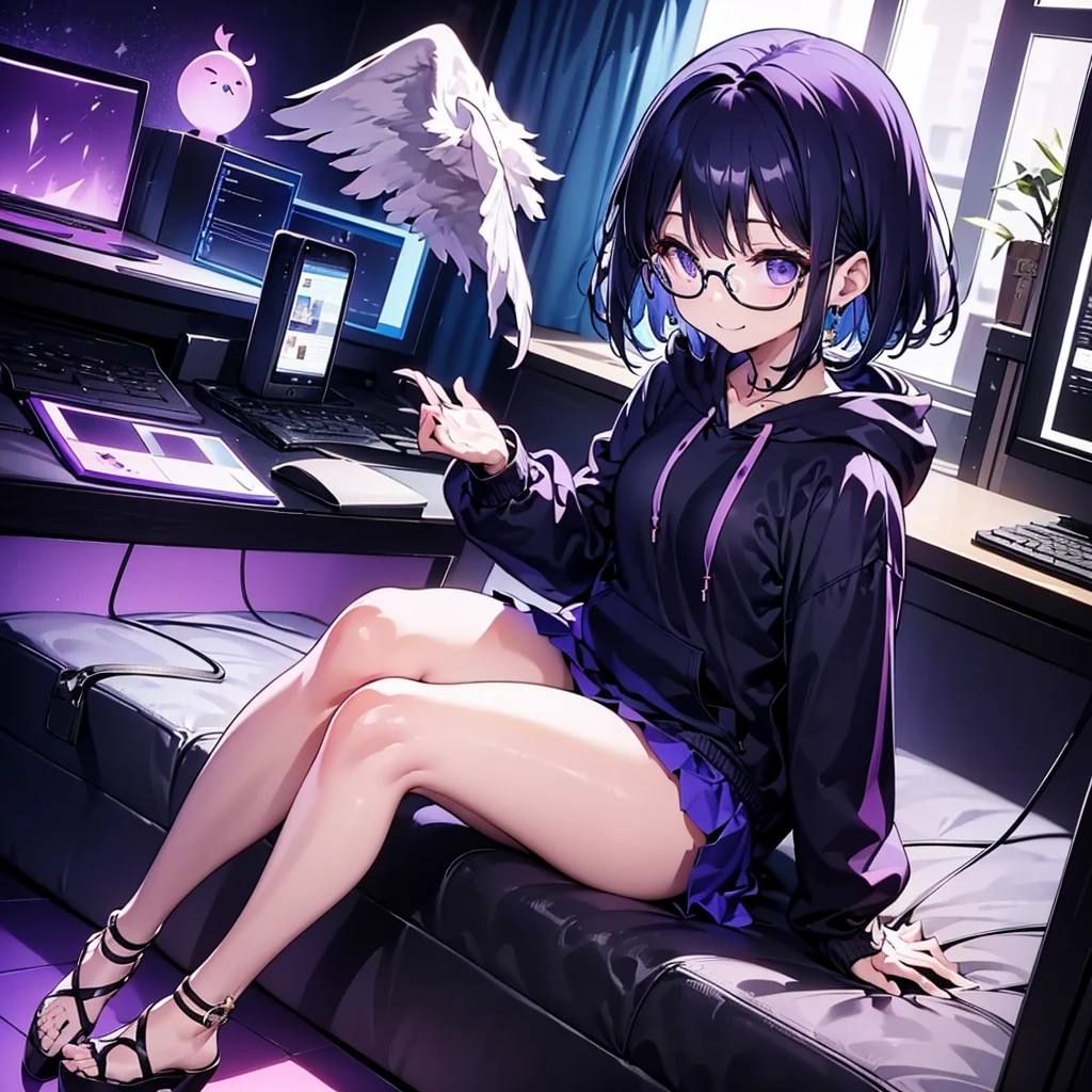 solo1.3、Palms facing up 1.7、 Max Image、Bird's-eye view from above composition 1 .3、Seiko no Hand 1 .3、 black bob cut 、 sitting on the purple cube in front of the monitor 、black simple hoodie and purple mini skirt 1.6、 Fleshy Thighs 1 .3、Angel Girl Sandalphone 1 .4、Confident smile without opening 1 .1、black rimmed glasses 1.4、dark room 1 .6