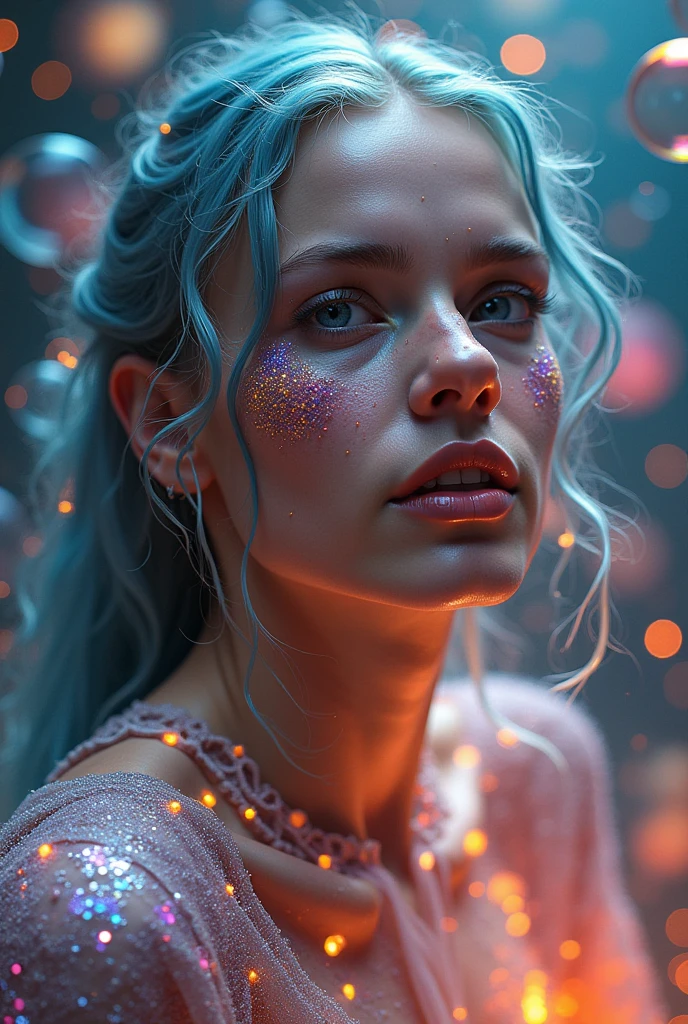 photorealistic a supermodel wrapped in the magical bubbles, psychedelic multi-color, thirty degrees left view, low angle shot, intricate, highly detailed, digitally cinematic background, looking  to viewer