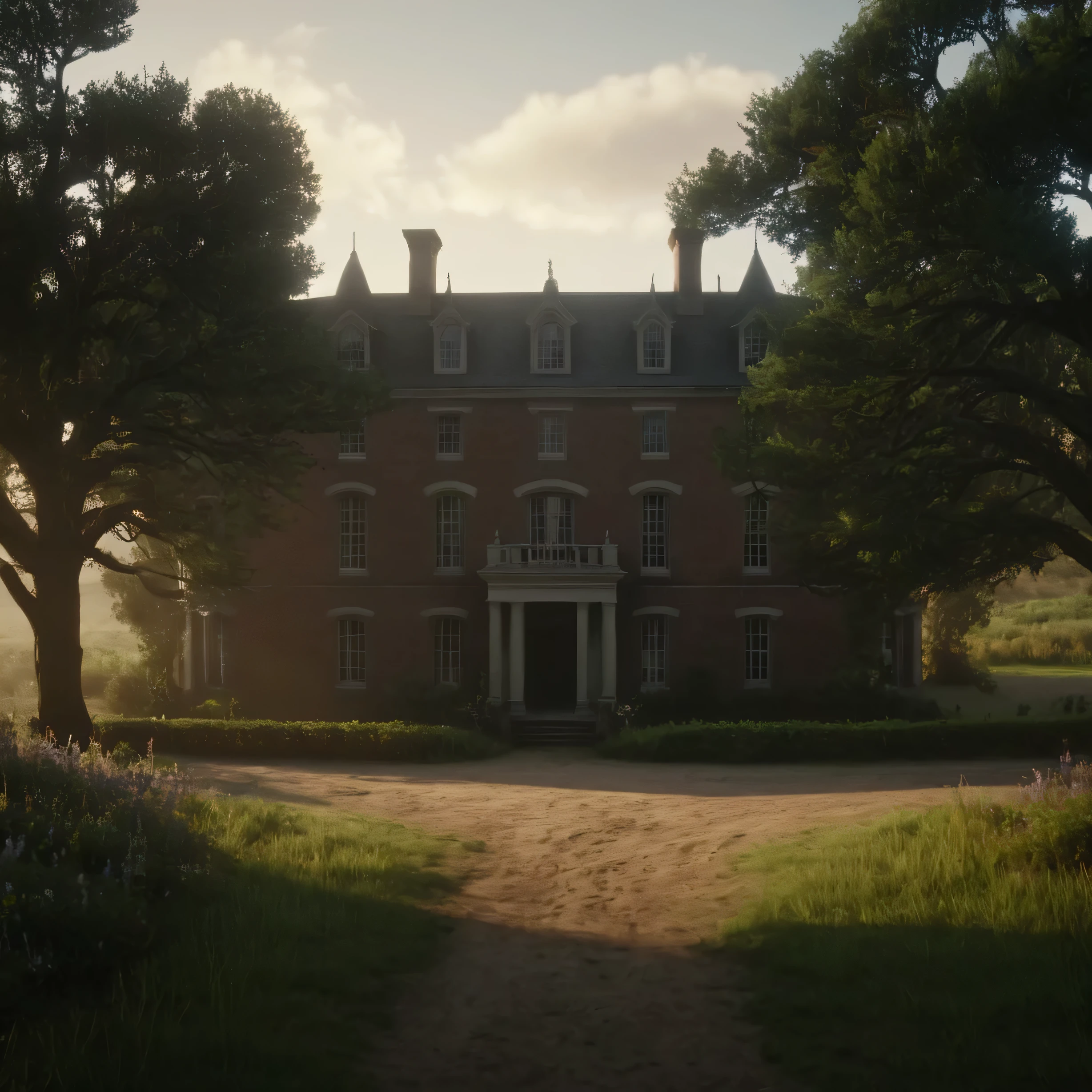 cinematic film still of cinematic film high quality photo quality still of  big  Manor mansion with balcony 1900’s house  building gate at the end of pathway, trees and pathway leading towards house  tress surroundings it outdoors,sky,cloud,tree,grass,ground,wildflowers, wildlife, vehicle,building,scenery,motor vehicle,car,house,bicycle , epic, Western, adventures, outlaw, Red Dead, Western United States, wild west,  Open world, 1900's, realistic, cinematic, film look, dramatic light, partially covered in shadows, gang, Western-themed action-adventure, Red Dead Redemption style, shallow depth of field, vignette, highly detailed, high budget, bokeh, cinemascope, moody, epic, gorgeous, film grain, grainy