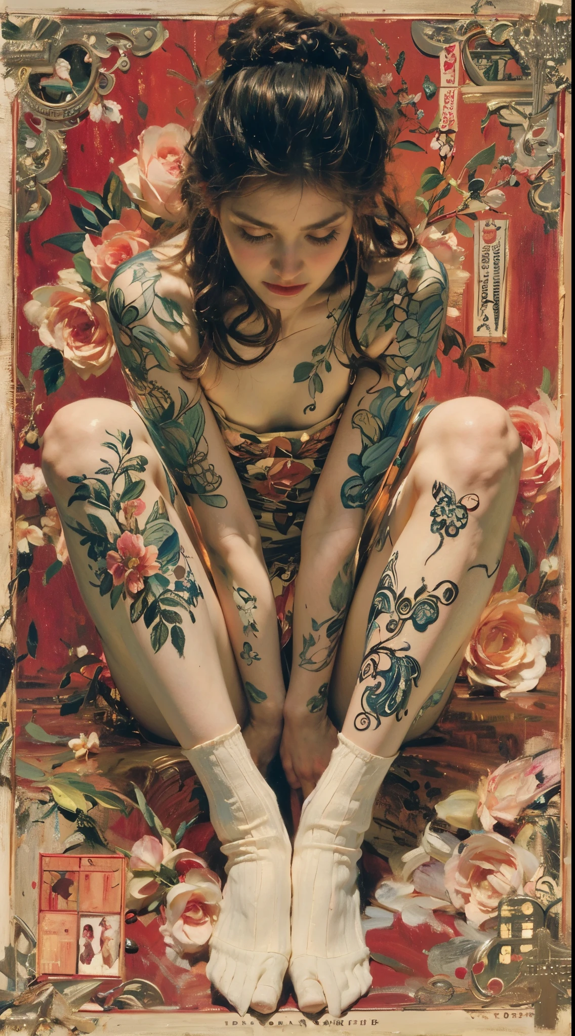 European woman, looks like Ella , (20 years old), wide eyes, ugly beauty, woman, subtle tan-lines, ((VERY wide hips)), (nude),naked, floral wallpaper, full but trimmed pubic hair, (small breasts), soft light, chubby, long labia, pear shaped body, ((moist crotch)), ((tattoos: 1.2))