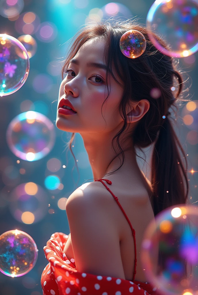 photorealistic a supermodel seen through the magical bubbles, psychedelic multi-color, thirty degrees left view, low angle shot, intricate, highly detailed, digitally cinematic background, looking  to viewer