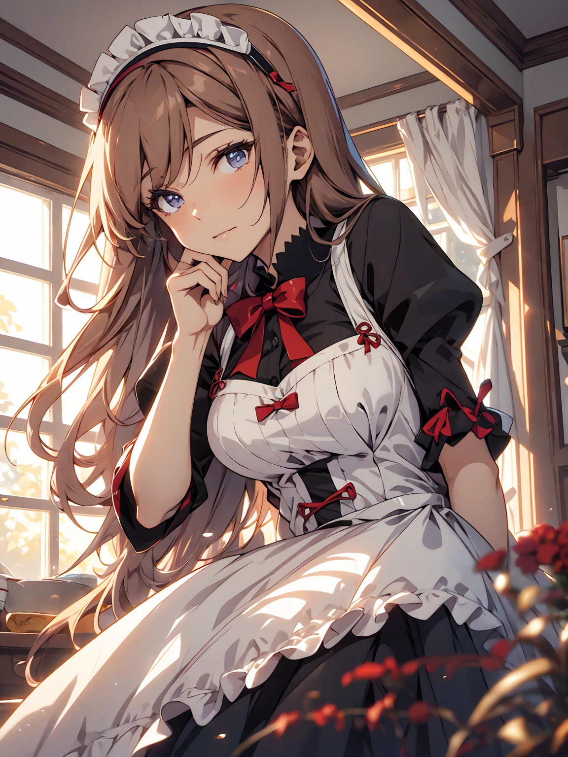 (Wiz), 1woman, as a maid, wearing a maid outfit, at a home, light brown hair, 8k, high detailed, high quality