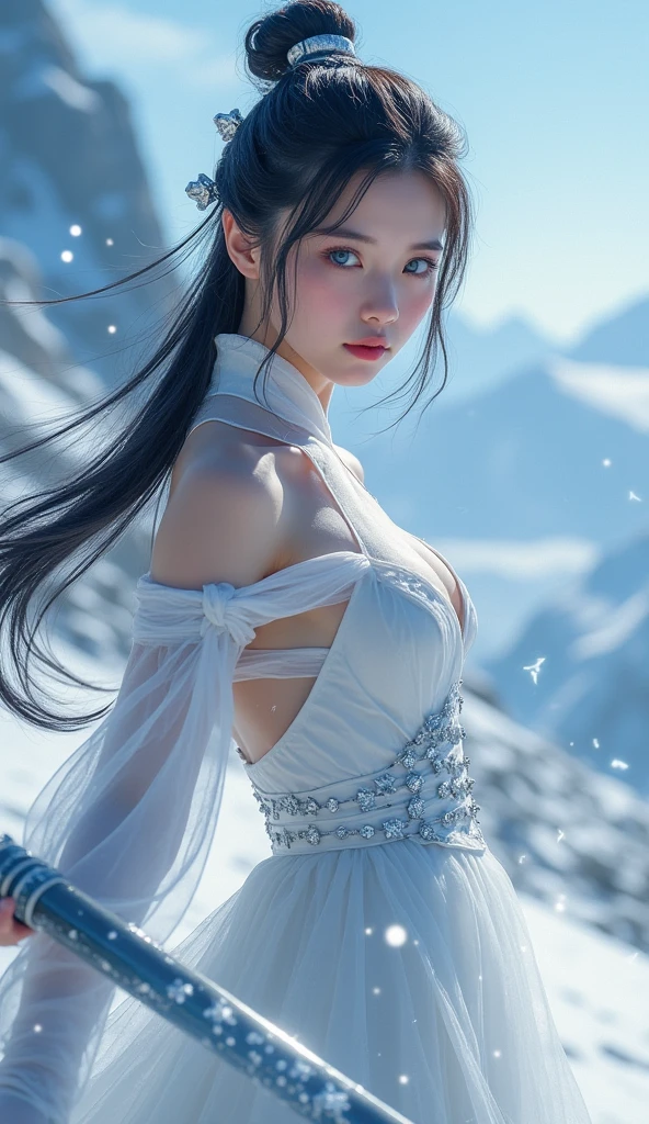 **Prompt:** Create an ultra-realistic 8K resolution image of Yuki-onna, the mythical figure from Japanese folklore, reimagined as the ultimate embodiment of beauty. Yuki-onna is depicted as a hauntingly beautiful woman with long, flowing black hair that cascades down her back, contrasting against her pale, porcelain-like skin. Her eyes are a mesmerizing icy blue, radiating an aura of calm yet cold intensity.

She wears a traditional white kimono, intricately designed with subtle snowflake patterns that shimmer in the moonlight. The kimono is delicately wrapped around her slender figure, with the obi tied elegantly at her waist. Snowflakes gently fall around her, adding to the ethereal atmosphere. Her expression is serene, with a hint of mystery, as she gazes into the distance, embodying both allure and an otherworldly presence.

The background showcases a snow-covered forest, bathed in the soft glow of the moonlight, with trees delicately covered in frost. The air is filled with a sense of stillness and tranquility, capturing the essence of Yuki-onna as the ultimate snow spirit, blending her mythical origins with a modern interpretation of beauty.