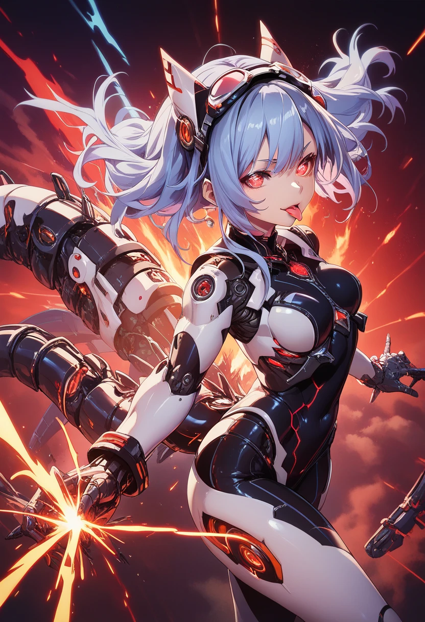 Cyborg girl. Mechanical maid outfit. Sharp. Glowing red eyes. Tongue showing. Cyber ​​goggles. Blue-purple. Red accents. Falx-shaped sword in each hand. Attached blades. Mechanical tail. Sparks.