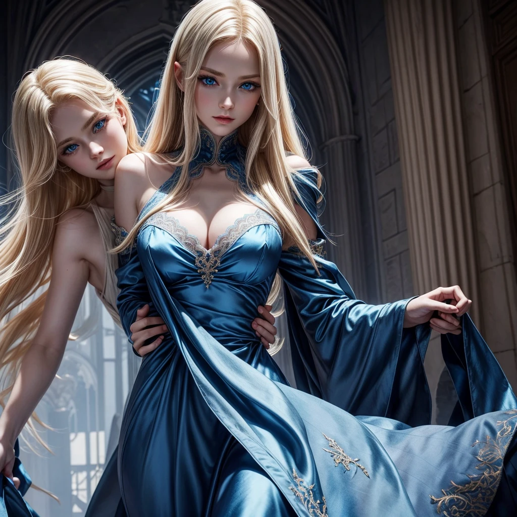 Woman Angels with two and her clothes are robes full of Precious stones her hair is blonde and her eyes are luminous blue and her light is Divine her breasts are medium and she is thin the setting is heavenly (Fantasy Art)