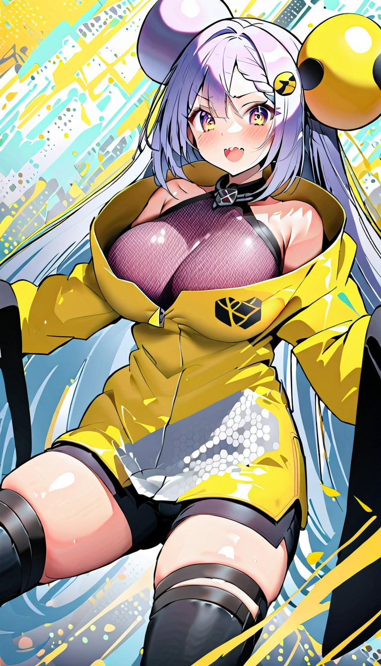 masterpiece,  best quality,  high definition ,  1 girl , ION 1, Long Hair,  yellow jacket,  Long Sleeve ,  hair ornament,Big Breasts,pubic hair