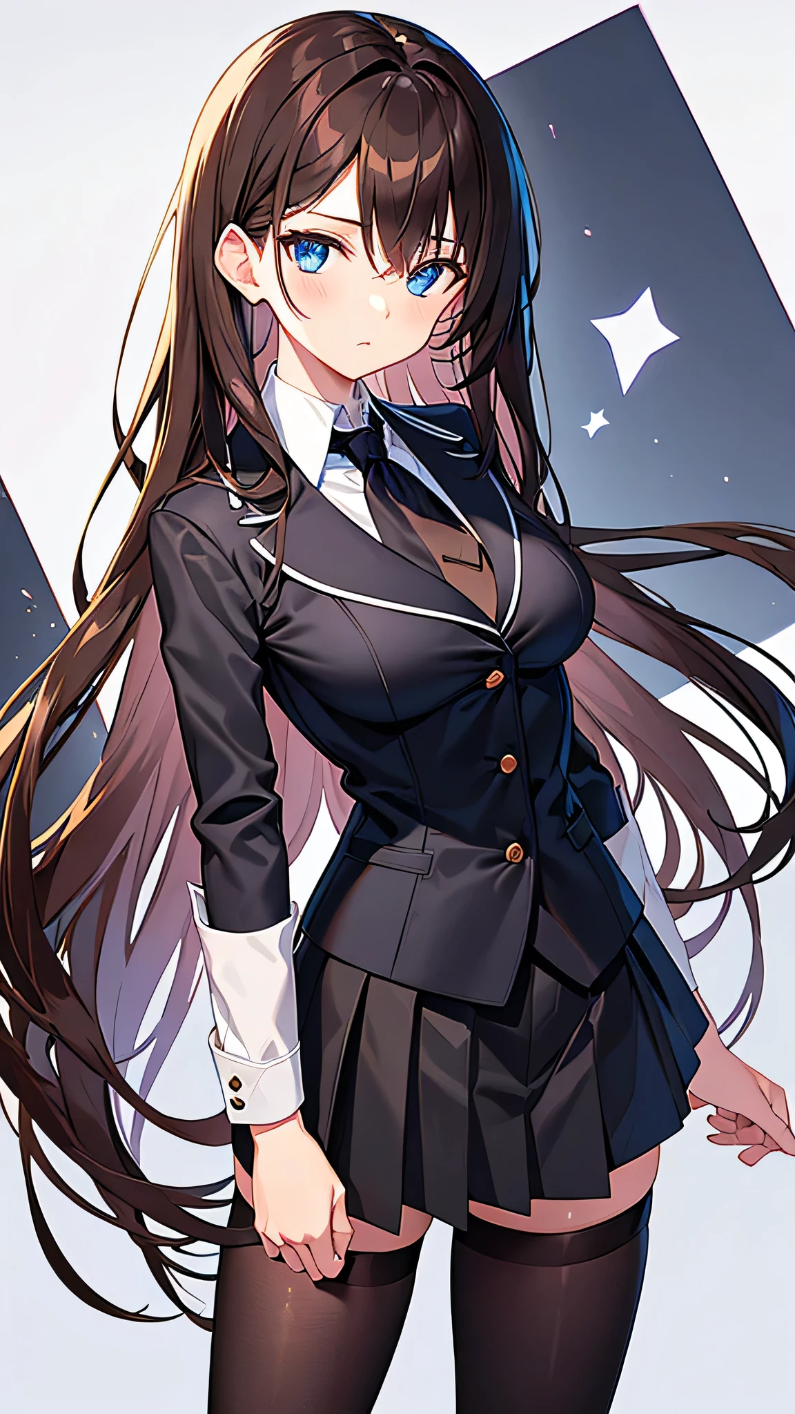 Brown hair, blue eyes, long hair, big breasts, slim body, cool, black ribbon tie, black blazer, black micro quilt skirt, black tights