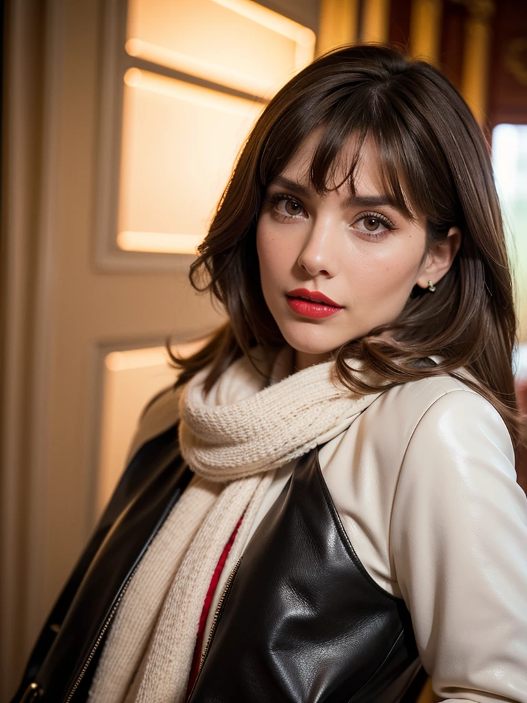 A half-body portrait of a gorgeous, stunning, brown-haired Argentinian woman, pixie-cut, fair porcelain skin, elegant make-up with scarlet red lipstick, long black leather coat with buttons, white-pink sweater, black trousers, scarf, boots, classic leather backpack, charming countenance, posing for camera, high resolution photograph, UHD, golden ratio, ultra fine details.