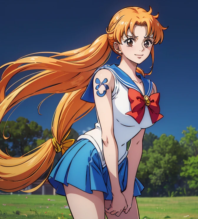 Masterpiece, Best Quality, High Resolution, Venus1, 1Girl, Solo, Sailor Warrior Uniform, Sailor Venus, Minako Aino, Blonde, Magical Girl, Blue Eyes, Orange Skirt, Elbow Gloves, Headgear, Pleated Skirt, Bow, Orange Sailor Collar, Miniskirt, Choker, Red Bow, Orange Choker, White Gloves, Extra Long Hair, Jewelry, Earrings, Cowboy Gun, Outdoor,
