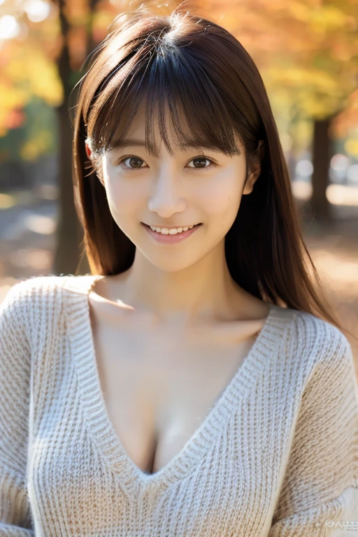 (masterpiece, best quality, perfect anatomy, highres, 8k, realistic, photorealistic, natural skin texture, no makeup:1.2), 1girl, solo, Japanese, age20, erogao, shy smile, (very cute:1.3), large breasts, perfect figure, (oversized plain sweater:1.2), at autumn park, portrait