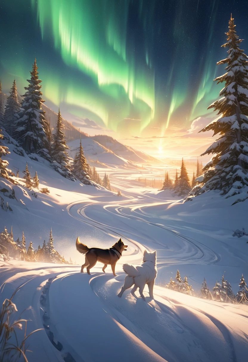 A surreal golden landscape featuring a snow-covered path stretching into the distance, surrounded by low hills or dunes. The sky is illuminated with dramatic golden auroras, intertwined with subtle green hues, creating an ethereal, dreamlike atmosphere. Tiny, sparkling particles fill the air, adding a sense of magic to the scene. A small, lone dog stands casually on the path, adding a hint of realism to the otherwise mystical setting. The environment is bathed entirely in warm golden tones, with detailed textures on the snow-covered ground, including visible grooves or tracks. The composition is formatted for a 9:16 aspect ratio, suitable for vertical short videos, emphasizing the depth of the scene and the vertical grandeur of the golden auroras in the sky. The overall design should evoke a sense of otherworldly tranquility and wonder.