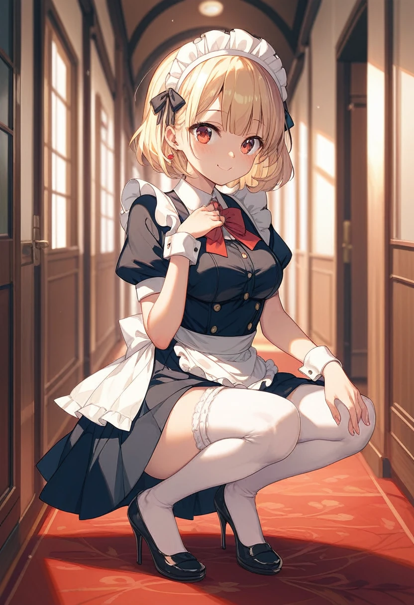 ((Highest quality:1.6)), ((masterpiece)), (detailed), (Perfect Face), (detailedなイラスト:1.6), (Ultra-high resolution:1.6), girl, The best smile, cute, Blonde, Small breasts, Black and white maid outfit, Blue ribbon, White apron, Gothic maid outfit, Long, (Sit on the balance ball:1.6), yoga, Fitness, rehabilitation, mattress, stretch, Spreading her legs