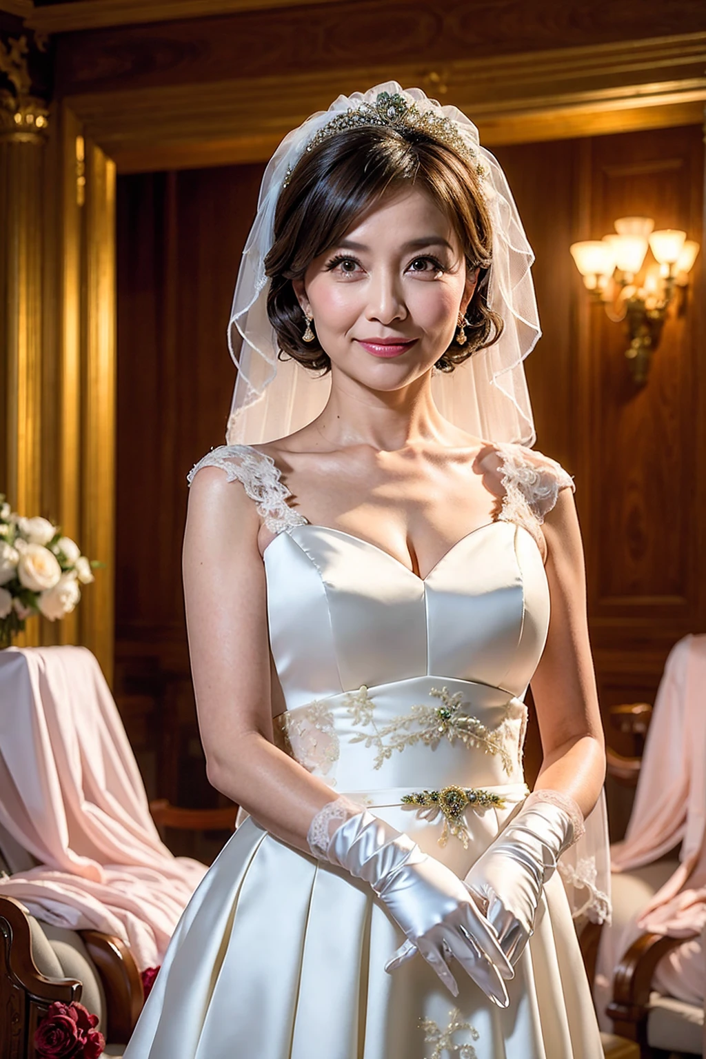 ((Masterpiece)), ((Best Quality)), A middle-aged short-hair woman, (((She is wearing a gorgeous wedding dress))), in a ceremony hall, white gloves on her hands, Asian, dark eyes, white veil, 