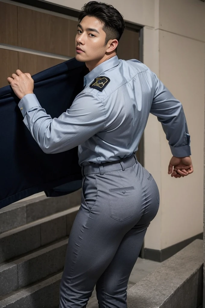 40-year-old boy ,Korean bulky male officer ,Wear navy blue police uniform shirt................ light grey satin smooth tight trouser, transparent pants obvious underwear print ,((unrealistic super big tight butt wearing pants)), walking up stairs, camera from low angle looking up , look at viewer , gluteal fold