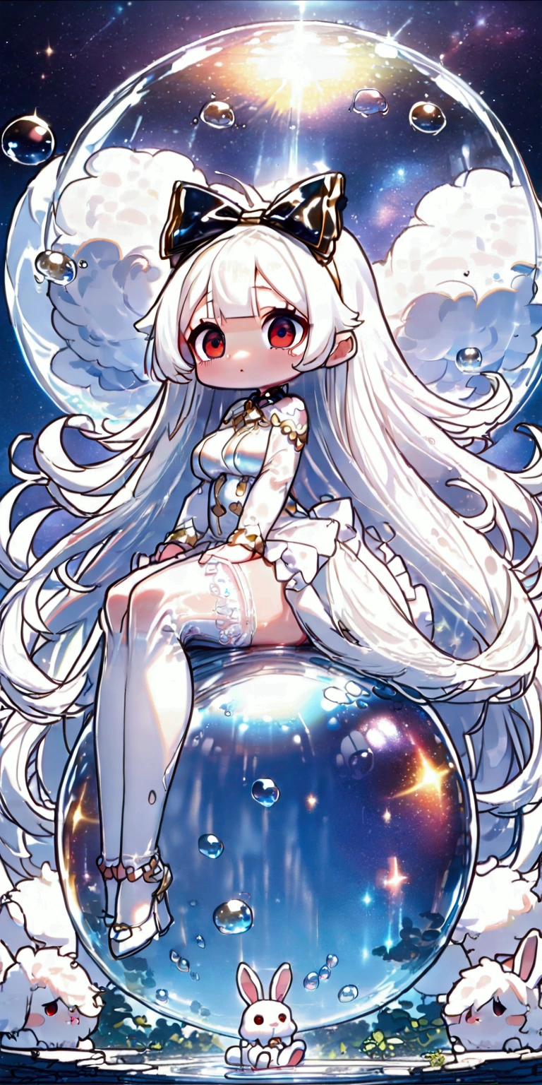 solo,1girl\((chibi:1.3),cute,kawaii,(white hair:1.7),(very long hair:1.7),bangs,(ear\(fluffy white bunny-ear\):1.4),(red eye),big eye,beautiful shiny eye,skin color white,big hairbow,(white frilled dress:1.3),breast,white rabbit tail at hip,\) (sit on (bubble:1.3)\(huge,gigantic, elasticity,soft,beautiful,shining in vivid cosmic color\):1.5) floating in the sky. BREAK .background\(night sky,stars, calescent-moon\). BREAK .quality\(8k,wallpaper of extremely detailed CG unit, high resolution, top-quality, top-quality real texture skin, hyper realistic, increase the resolution, RAW photos, best quality, highly detailed, the wallpaper, golden ratio, high saturation realism, vibrant colors, dramatic lighting, persuasive storytelling, atmospheric scenery, captivating visuals, intricate details, strong emotions, dreamlike world\),(from below),longshot