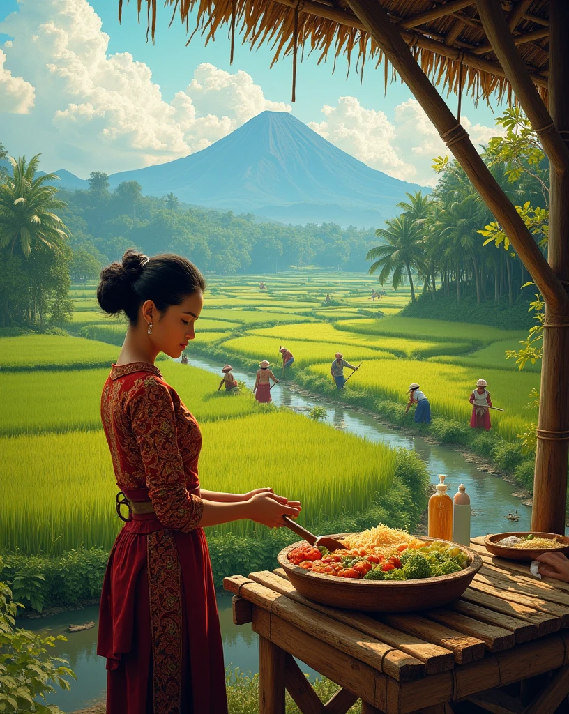 Beautiful peasant Indonesian girl with hairbun and kebaya dress, prepares meal at the bamboo hut, terraced rice field, river stream, volcano, village in a far distant, other farmers at rice fields working, serene and tranquil scene, oil on canvas painting in the style of Raden Saleh paintings, octane render