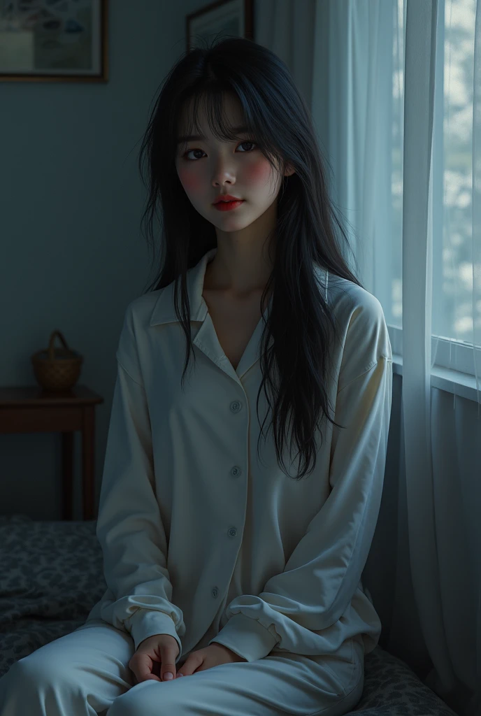((Best Quality)), ((Masterpiece)), (detailed), Melancholy Portrait of a Messy Young Woman, (Asymmetry: 1.2), sitting on a bed in a dim and cluttered room. The subject exudes a feeling of frustration and exhaustion, and her (tattered: 1.2) clothes and (haggard: 1.2) appearance emphasize her sense of despair. The photo was taken from a medium distance, and (low-key: 1.3) the lighting creates a gloomy and introspective atmosphere. The art style is inspired by (Dutch Masters: 1.3) technique, careful attention (subtle contrasts: 1.2) and (delicate textures: 1.2) to convey the complex emotions of the subject. She held a drink in her hand, adding a sense of vulnerability and vulnerability to the scene. Despite her disheveled appearance, her face is still (delicate beauty: 1.3), with delicate facial features and a quiet sense of dignity, full body photo, sitting on the bed,
