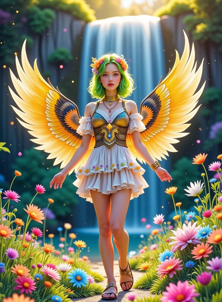 cinematic, 8k uhd, dslr, hdr: A airy fantasy angel-winged scandinavian woman with vibrant green hair styled in a bob cut, adorned with delicate flowers. Her large, colorful wings display shades of yellow, orange, and black, resembling those of a fairy wings. She wears a frilly, white and gold outfit that highlights her slender figure, with matching gloves and sandals. Her expressive eyes and graceful pose exude a sense of ethereal beauty. red nails, looked back,
Background: Enchanted meadow filled with blooming wildflowers of various colors, with soft sunlight filtering through the trees. The air is filled with floating, glowing particles, giving the scene a magical, serene atmosphere. A gentle breeze causes the flowers and grass to sway, adding to the tranquil setting.waterfall in the background