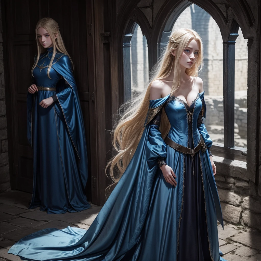 a beautiful girl with long blonde hair,a beautiful girl with long dark hair,high heels,corset,extremely detailed face and eyes,elegant dress,seductive expression,detailed background,beautiful detailed lips,longeyelashes,photorealistic,ultra-detailed,masterpiece,cinematic lighting,detailed environment,dramatic lighting,vivid colors,fantasy,surreal