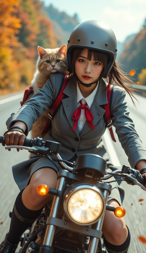 ultra-realistic, photorealistic, dramatic scene, shadow, global-illumination, solo, (teenage Japanese famous idol girl:1.5), very beautiful fragile Japanese girl, very beautiful with very cute but boyish cool face, (very large breasts), slim waist, (wearing a gray colored Japanese high school cute uniform of white shirt with blazer and skirt, red ribbon:1.2), (very large breasts), (The cat is hiding in her backpack, A giant fat cat peeks out of her backpack), She is riding a traditional Triumph motorcycle at high speed on the highway, amazing view of autumn leaves, dynamic angle, (face focus:1.6), very large breasts, happy smile, knee protectors, elbow protectors, helmet, leather glove, Fallen leaves fluttering in the wind