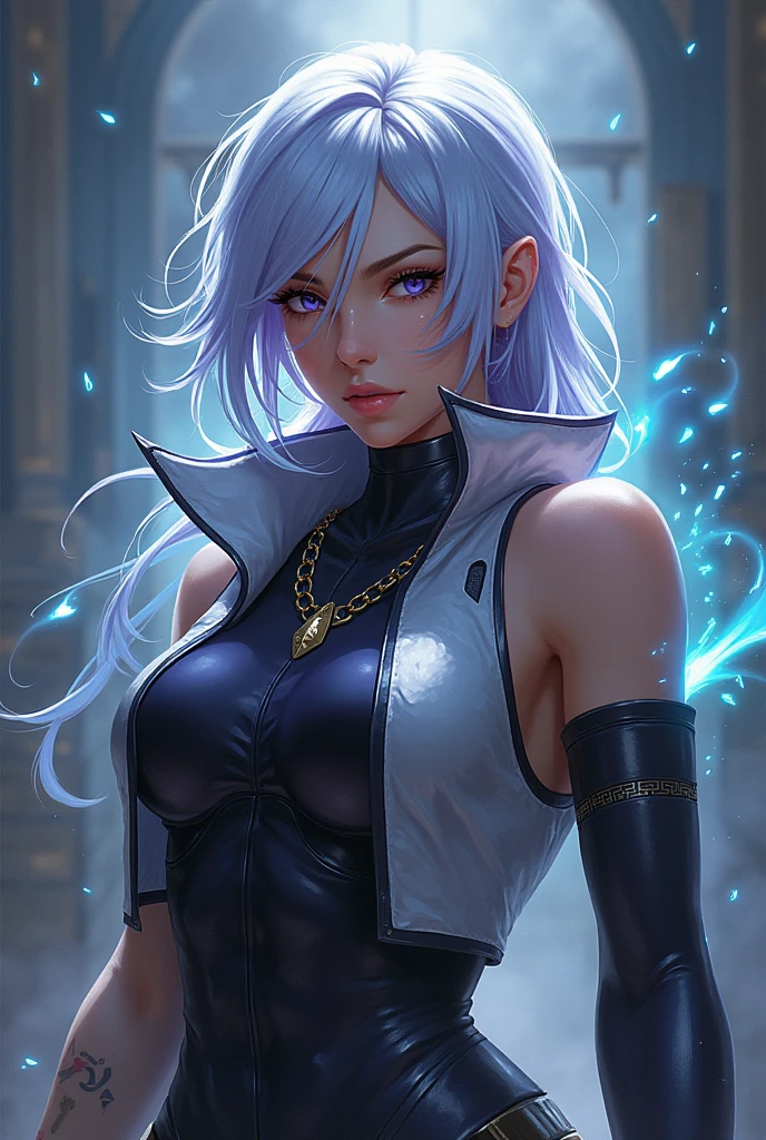 upper body, 1girl, white hair, ponytail, purple eyes, (ninja), short sword, medium breats ,scarf, wallpaper, magic circle background, light particles, blue fire,