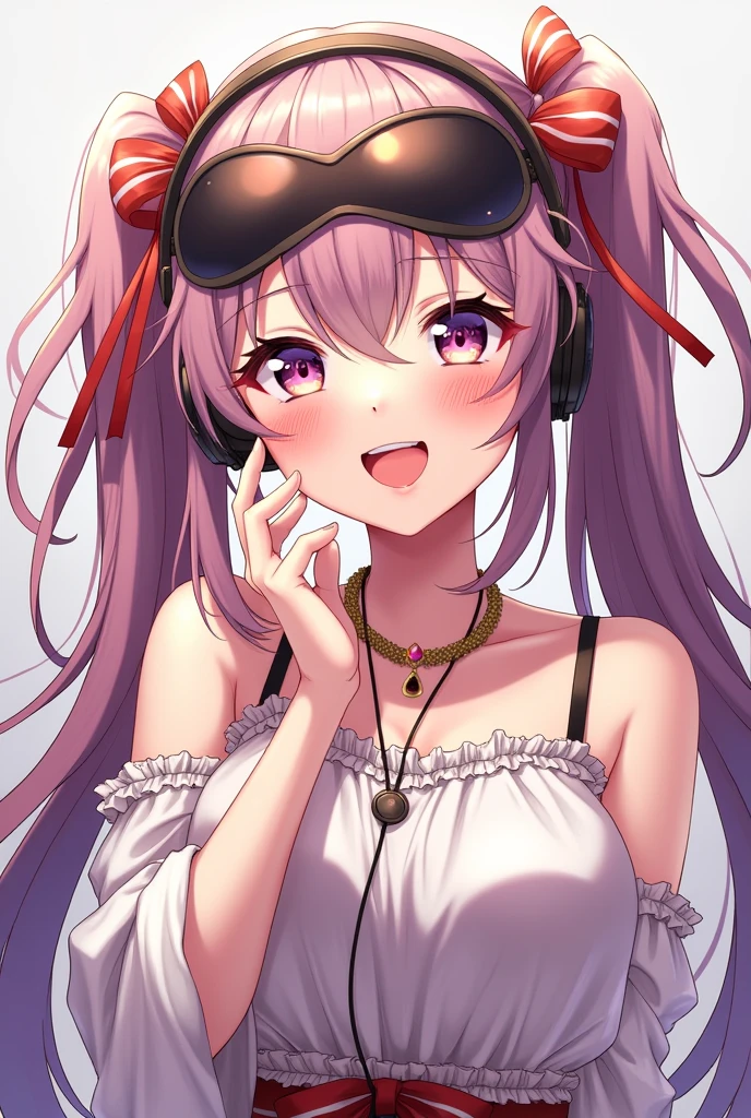 1girl, Solo, Long Hair, Smile, Blush, Open Mouth, , Bangs, Simple background, Ribbon, Red Eyes, Twintails, Jewelry, Mask, Headphones,