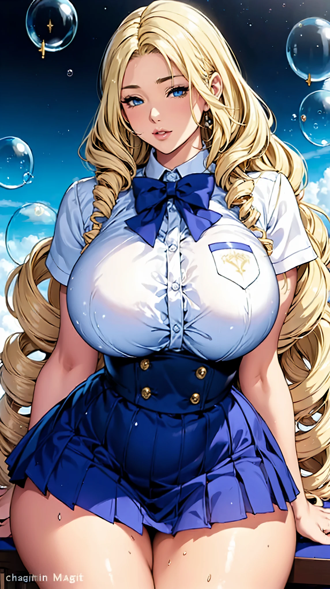 detailed woman, detailed face, puffy cheeks, Finely defined eyes, Fine skin texture, All features are clearly displayed, The contours of the fingers are also well-shaped,  the nose has the correct shape, expressive lips, perfect anatomy, pretty girl, realistic, (Vertical winding drill with long blonde hair:1.3), (light blue iris), (school uniform), thick waist, (detailed skin:1.2), (lot of magic bubbles:1.5) and soaps and foam on legs around, 