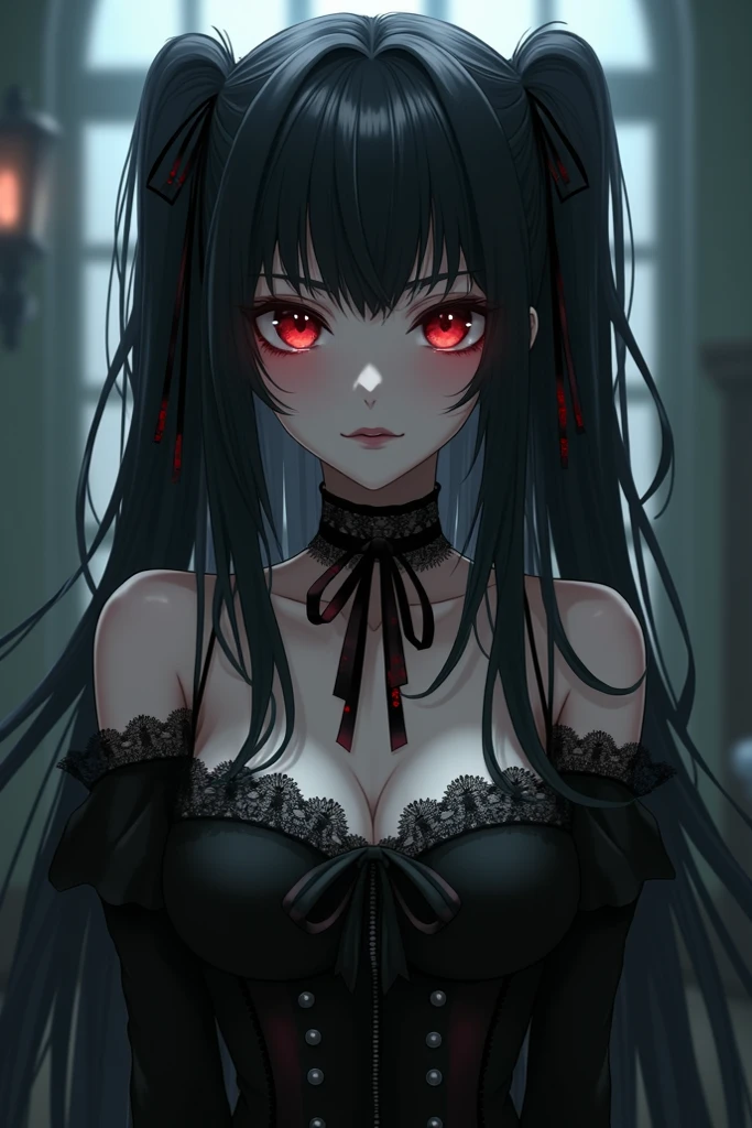 1 girl,Depp's Sense,confused,catch light,Super beautiful illustration,(black color,long hairstyles:1.6),dark dark eyeshadow,bright red lipstick,Gothic Lolita,;d,beautiful and delicate hair,delicate and detailed red eyes,red light effect,look around
