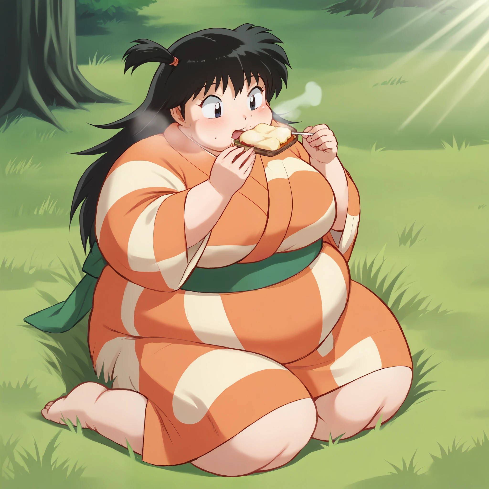 score_9, solo, rin_inuyasha, black hair, long hair, side ponytail, kimono, cute, ,, grass, tree, natural lighting fat, chubby, obese,  large breasts open mouth, out of breath, eating food, tones of food besides,