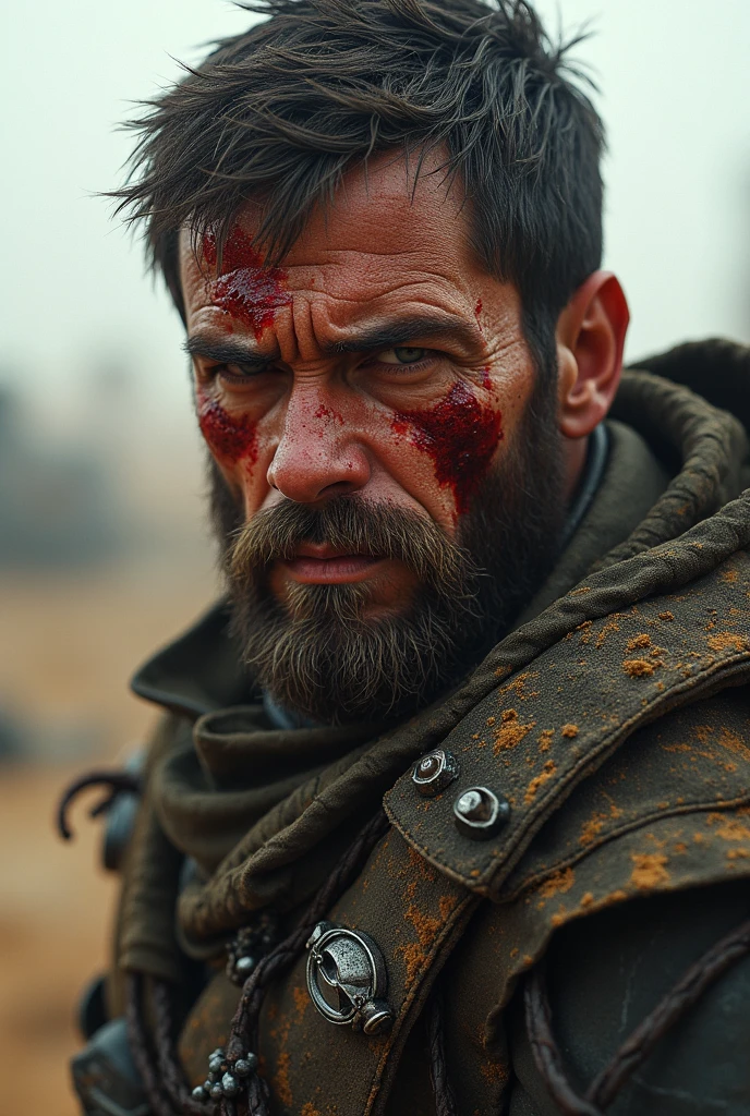 A man posing with gun. Bloodshed on all his face. Brutal look.