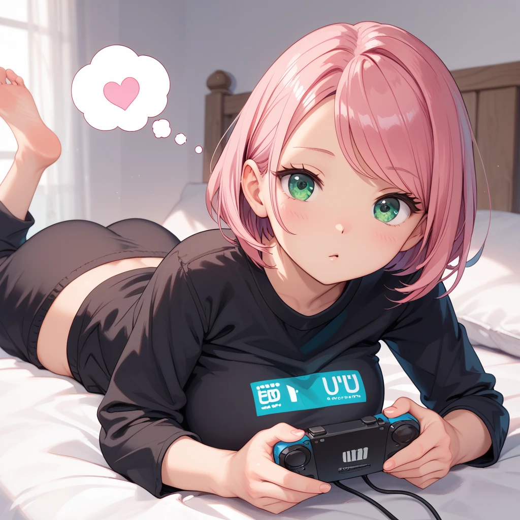 1girl, perfect hands, perfect hand anatomy, perfectly drawn hands, cute, cuteness, thought bubble, beautiful green eyes, pink hair, short hair, swept bangs, large breasts, voluptuous, black pajamas, lying on bed, on stomach, playing video game, game boy console, portable console, masterpiece quality, ultra HD, 4K, best quality, 