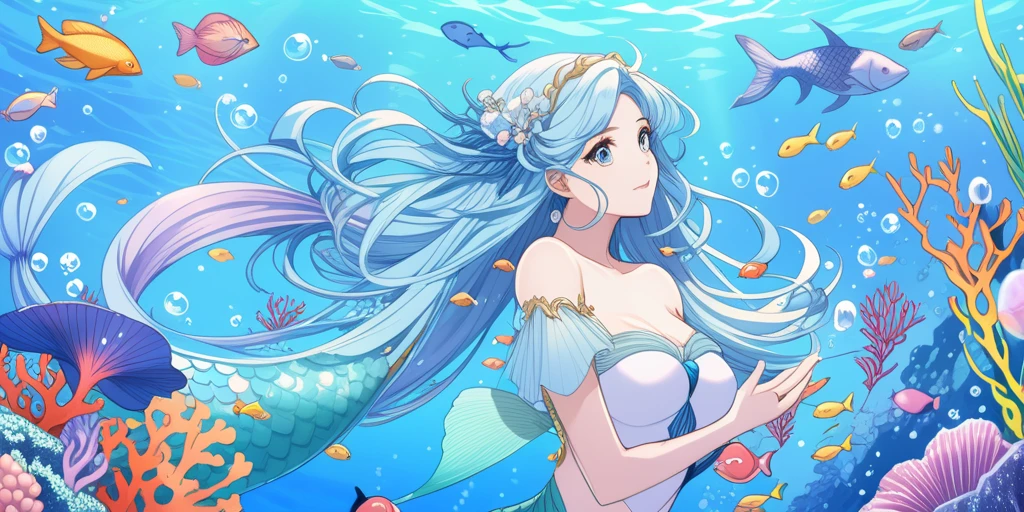 Anime illustration of mermaid with long hair and fish tail, anime blue ...