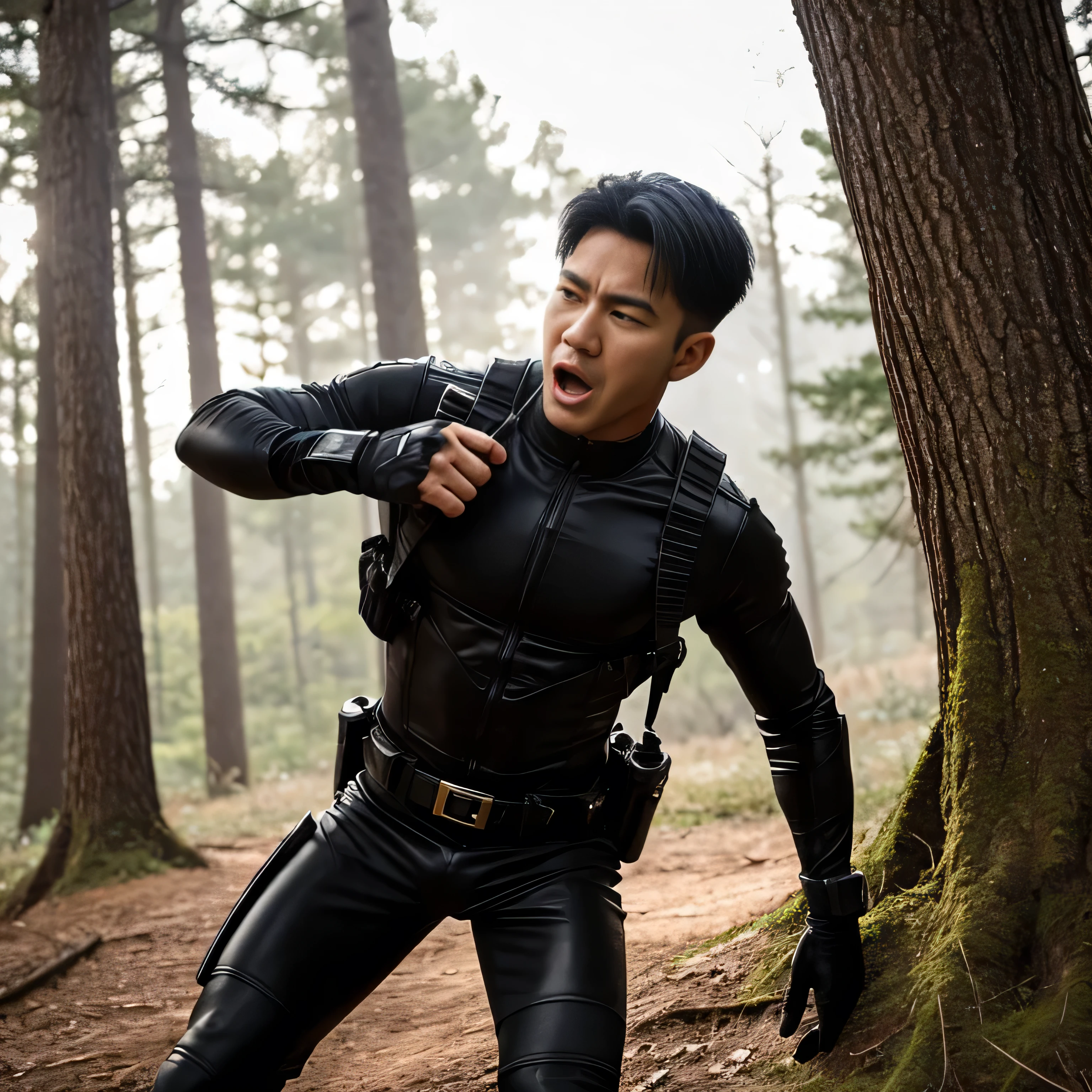 40 years old,One Man,、Black bodysuit、Shocker Belt、Black gloves、In the woods、Dropped from above into a tree、Spread out on your back。The crotch area is bulging、 logic,Gay ,Brown Hair、Short Hair。かなり短いShort Hair、Handsome Fighter Scream「Wow!」 it hurts painful