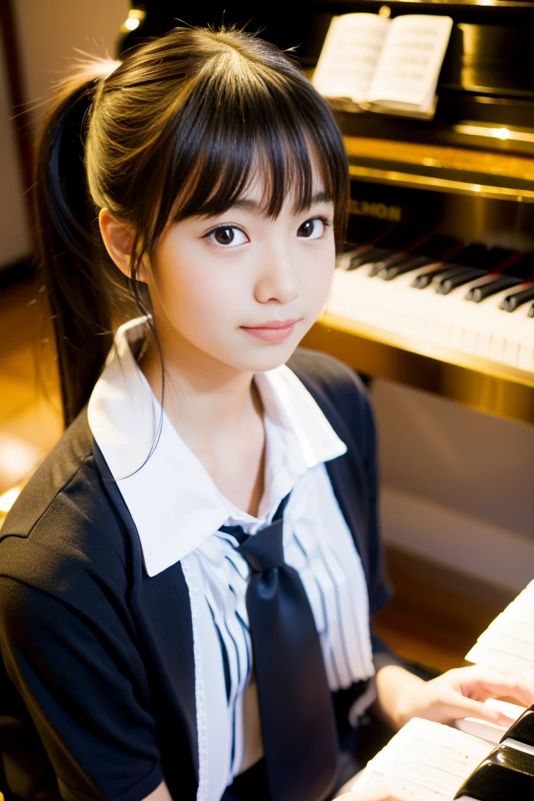 1 girl, sitting at the piano in the music room、alone, Japanese High School Girls, 12yo, (highest quality, Realistic, High resolution, 8k, Very detailed, Detailed face, Shiny skin), Japanese , Collared shirt, White shirt, Ribbon tie, Black Hair, ragged bangs, ponytail,