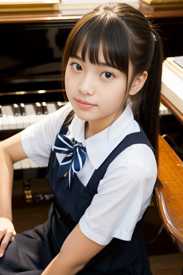 1 girl, sitting at the piano in the music room、alone, Japanese High School Girls, 12yo, (highest quality, Realistic, High resolution, 8k, Very detailed, Detailed face, Shiny skin), Japanese , Collared shirt, White shirt, Ribbon tie, Black Hair, ragged bangs, ponytail,