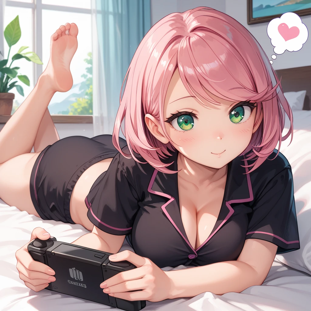 1girl, perfect hands, perfect hand anatomy, perfectly drawn hands, cute, cuteness, thought bubble, beautiful green eyes, pink hair, short hair, swept bangs, large breasts, voluptuous, black pajamas, cleavage, short sleeves, white panties, lying on bed, on stomach, playing video game, game boy console, portable console, masterpiece quality, ultra HD, 4K, best quality, 