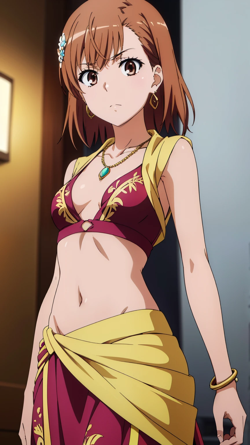 (masterpiece, best quality, high resolution, 8k:1.2), (anime coloring:1.2), highly detailed, beautiful eyes, perfect eyes, fine eyes, brown eyes, featuring big highlights, detailed face, highly detailed, fine eyes, symmetrical eyes, one girl, alone, Misaka Mikoto, brown hair, short hair, hairpin, (small breast), slim body, nffsw, (A full display of temple jewellery, a pair of earrings, necklace, bangles, finger rings, highly detailed Vray rendering of a maang tikka, flashing light, colourful dress, hair ornament, gold embroidery, ancient India, midriff peek, waist jewellery, bangles with gold chains, (close up), golden shawl with intricate leaf embroidery, embroidered dress, (Kamarbandh:1.1)), looking at the viewer, in the center of the image, (beautiful_chest:1.1), (beautiful_face:1.2), (beautiful_waist:1.2), (cowboy shot), dutch angle,