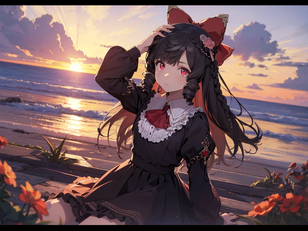 Key visual, Solo, 1 girl, (human ears, earrings), (red eyes, young face, figure, flat chest), (black hair, vertical rolls, long hair, hair tied in a big red ribbon, flower in bangs), (yandere expression), (laying face on air mattress, hands on head, looking at camera), (black casual dress with ruffled sleeves, black skirt with ruffled skirt), (sunset sky, sunset sun, evening sky, beachside), (focus on chest, oblique angle), (high resolution, masterpiece, accurate, anatomically correct, multiple awards, top quality, detailed, high quality model, high quality, retina, highly detailed, textured skin, ultra high resolution).