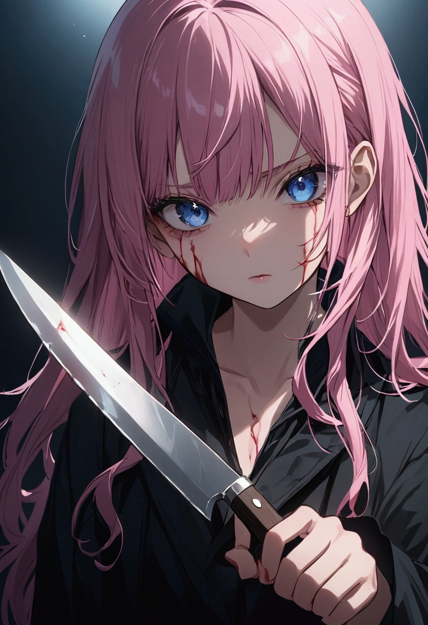 murder、Holding a knife、Face covered in blood、Girl with pink hair、blue eyes、Twin Drill、A scene from a movie