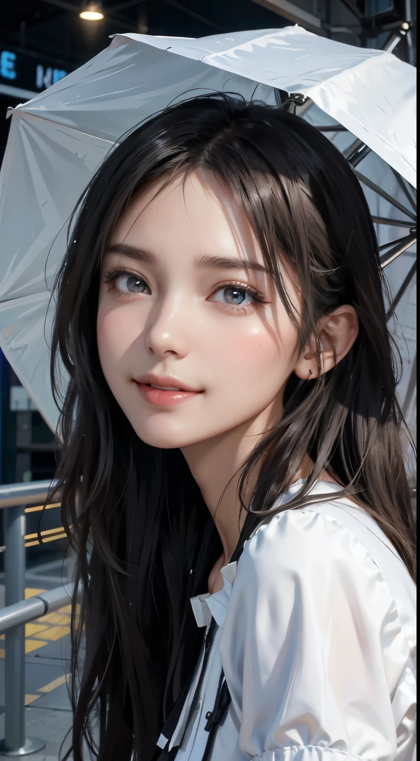 masterpiece, 1 beautiful girl, detailed eyes, puffy eyes, best quality, ultra high definition, (reality: 1.4), original photo, 1Girl, cinematic lighting, smile, Japan, asian beauty, korean, neat atmosphere, super beautiful, little young face, beautiful skin, slender, cyberpunk background, (ultra realistic), (high resolution), (8k), (very detailed), (best illustration) , (beautiful and detailed eyes), (super detailed), (wallpaper), (detailed face), look at the viewer, fine details, detailed face, pureerosfaceace_v1, smile, 46-point diagonal bangs, facing straight ahead, neat clothes, black colored eyes, hair wet in the rain, clothes (fashionable plain folding collar irregular shirt feeling dress), body facing forward,